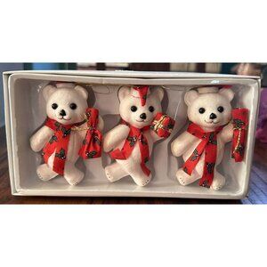 Lot Of 3 Flocked‎ Plastic White Teddy Bears Christmas Ornaments 3.5”